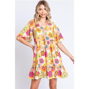 nwt GeeGee Full Size Floral V-Neck Ruffle Trim Mini Dress